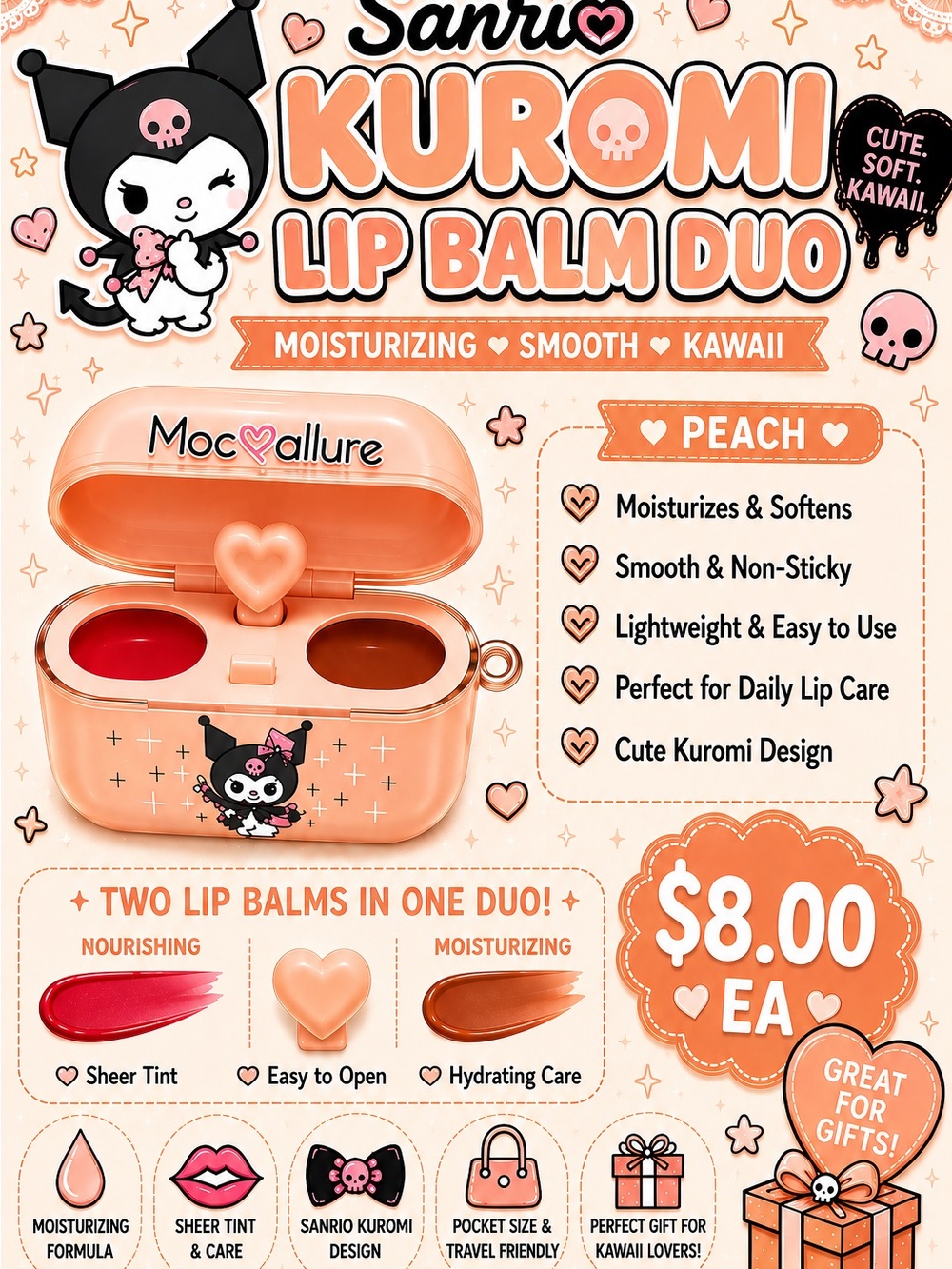 Sanrio Kuromi Peach Lip Balm Duo - Peach, Red, Brown